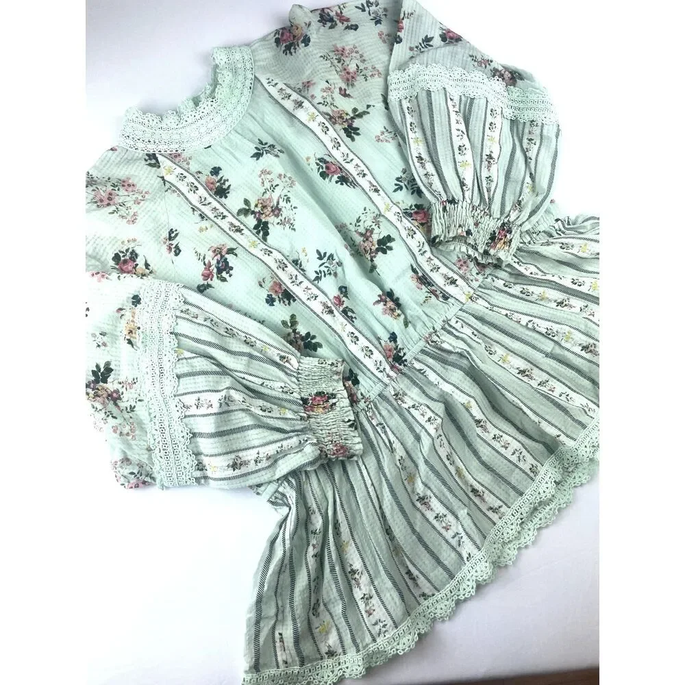 ~ Anthropologie XL Hemant & Nandita Blouse Floral Mint Lace Aqua Green Elastic - Picture 2 of 16